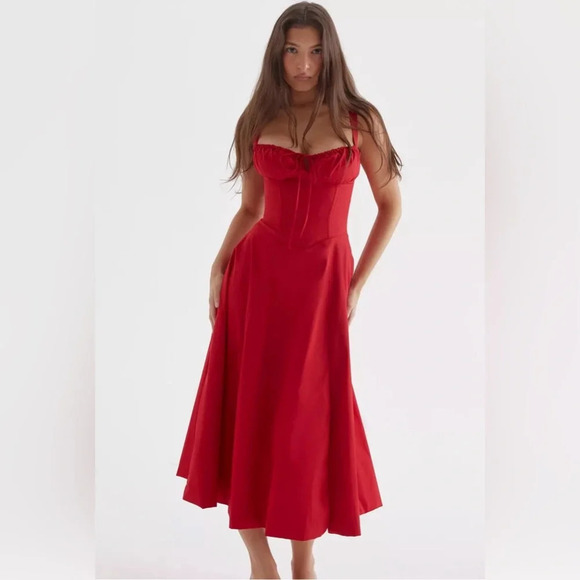 HOUSE OF CB 'Carmen' Red Rose Bustier Midi Dress - Picture 1 of 4